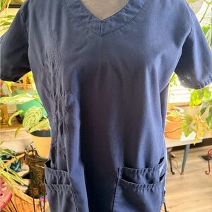 Navy blue scrub set with embroidered detail